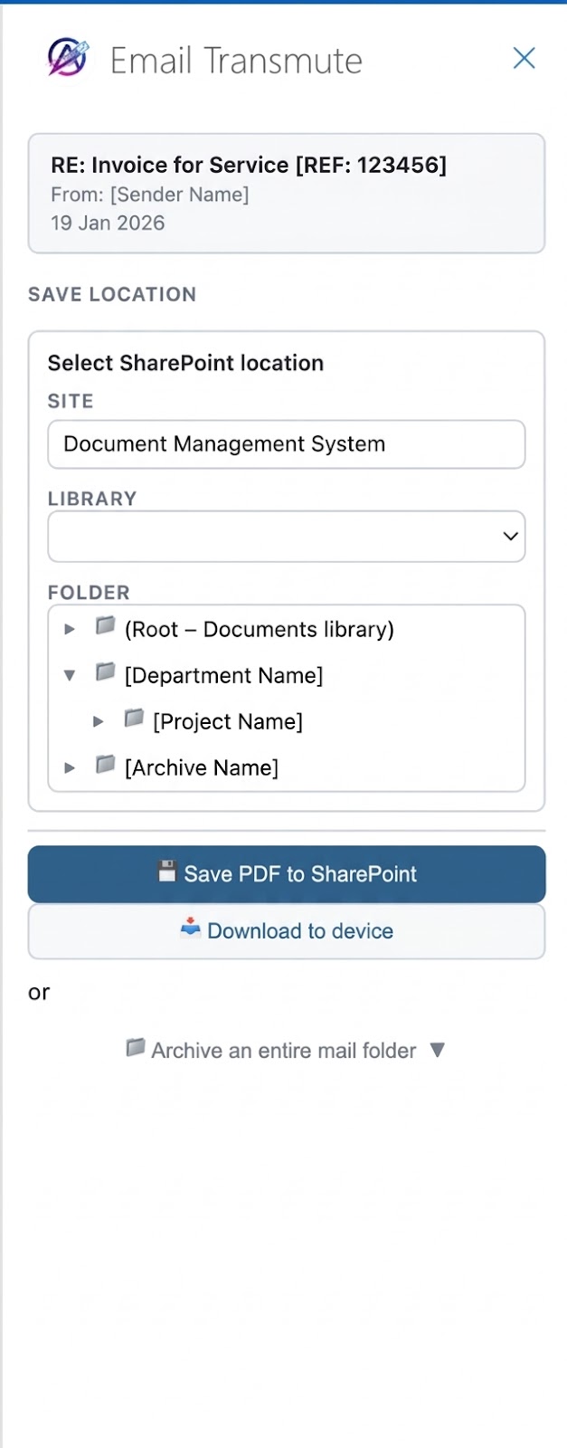 Email Transmute task pane showing a single email being saved to a SharePoint folder