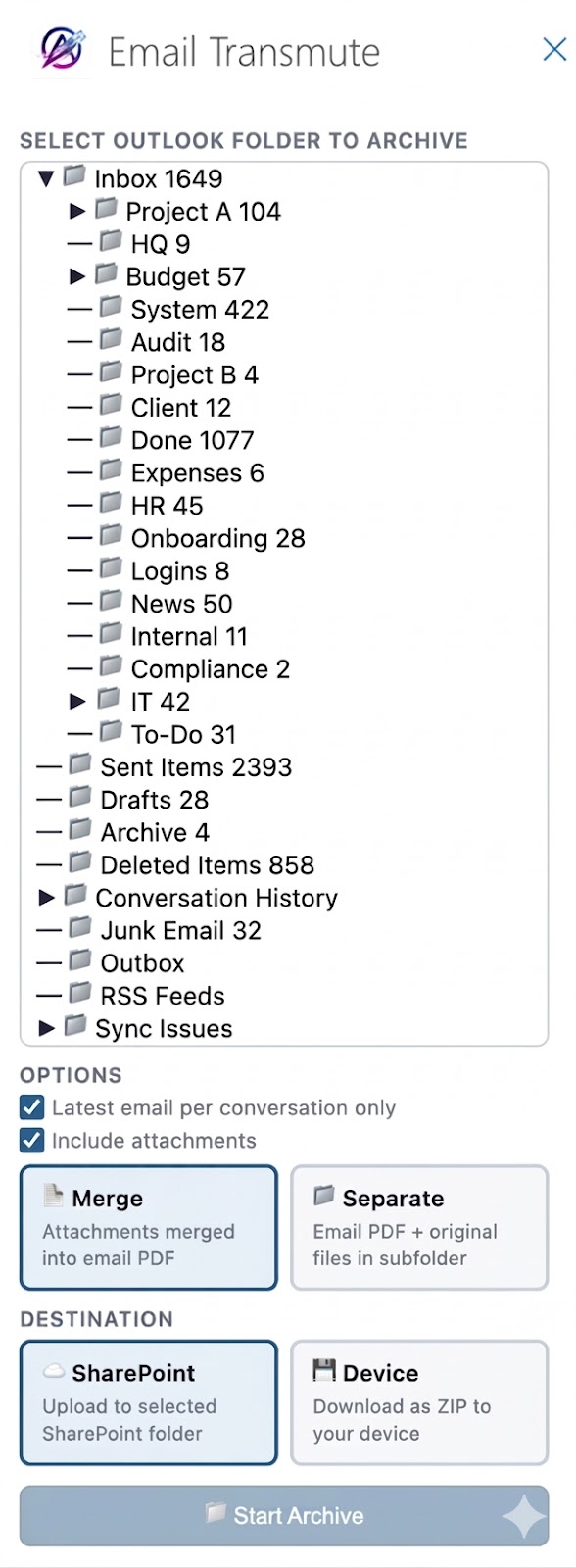 Email Transmute task pane showing bulk archive mode with Outlook folder tree and options